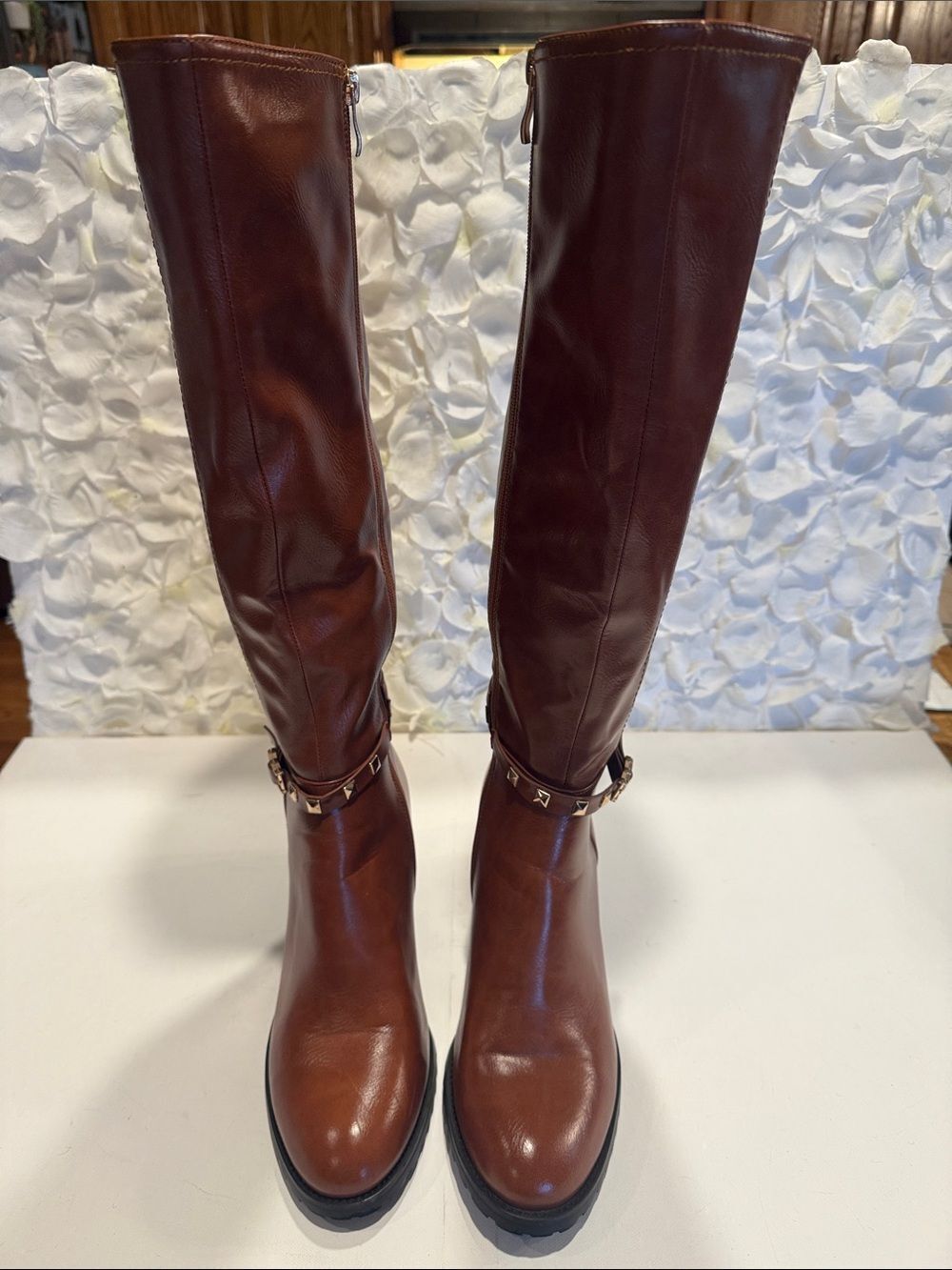 Women's Over-the-Knee Brown Leather Riding Boots with Studded Ankle Strap